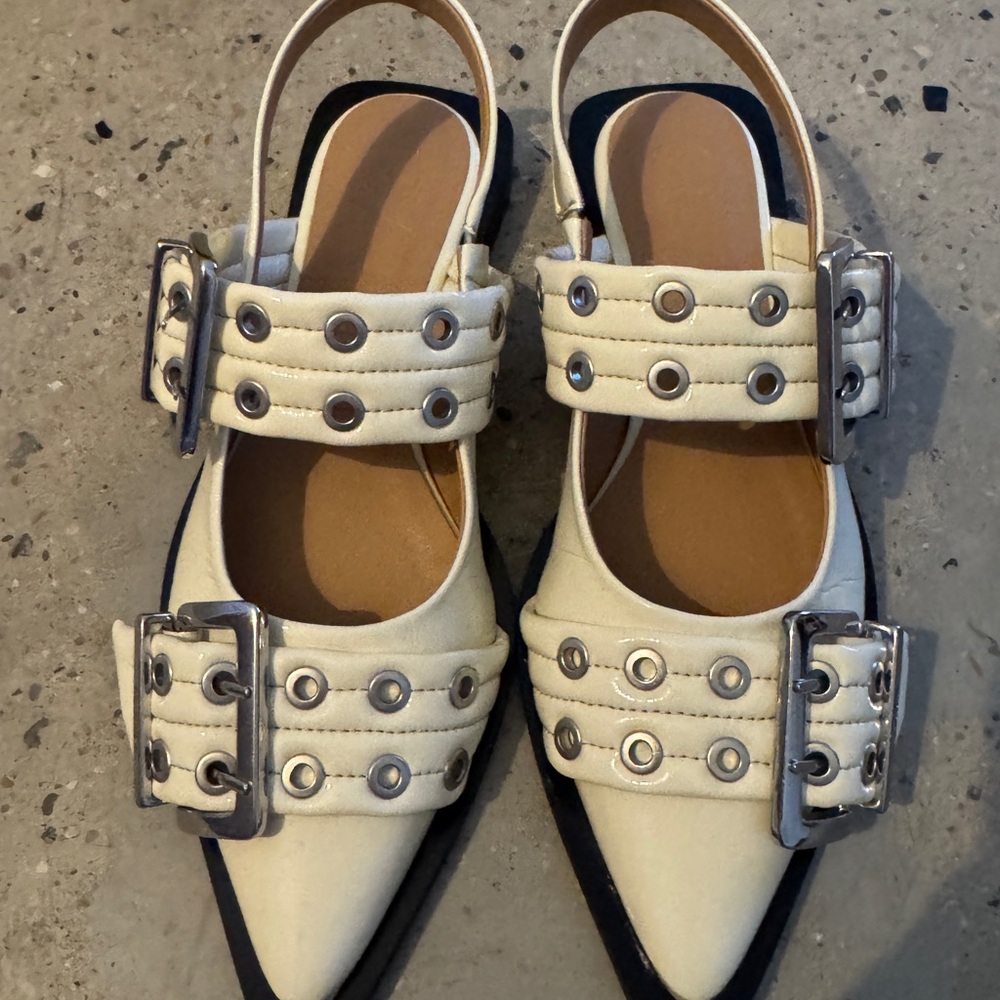 Ganni Cream Buckle Slingback Flats